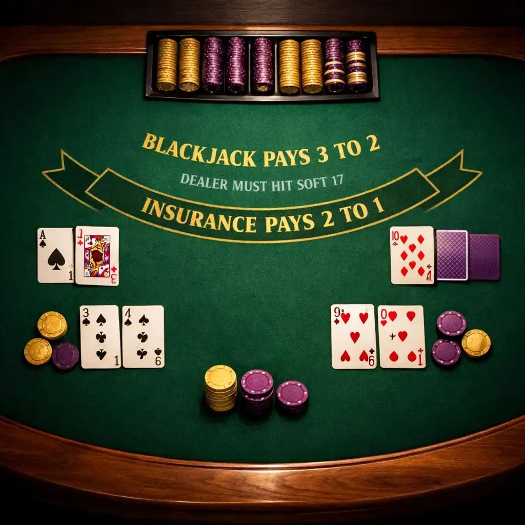 Stół do blackjacka z kartami i żetonami zastępczymi widziany z góry