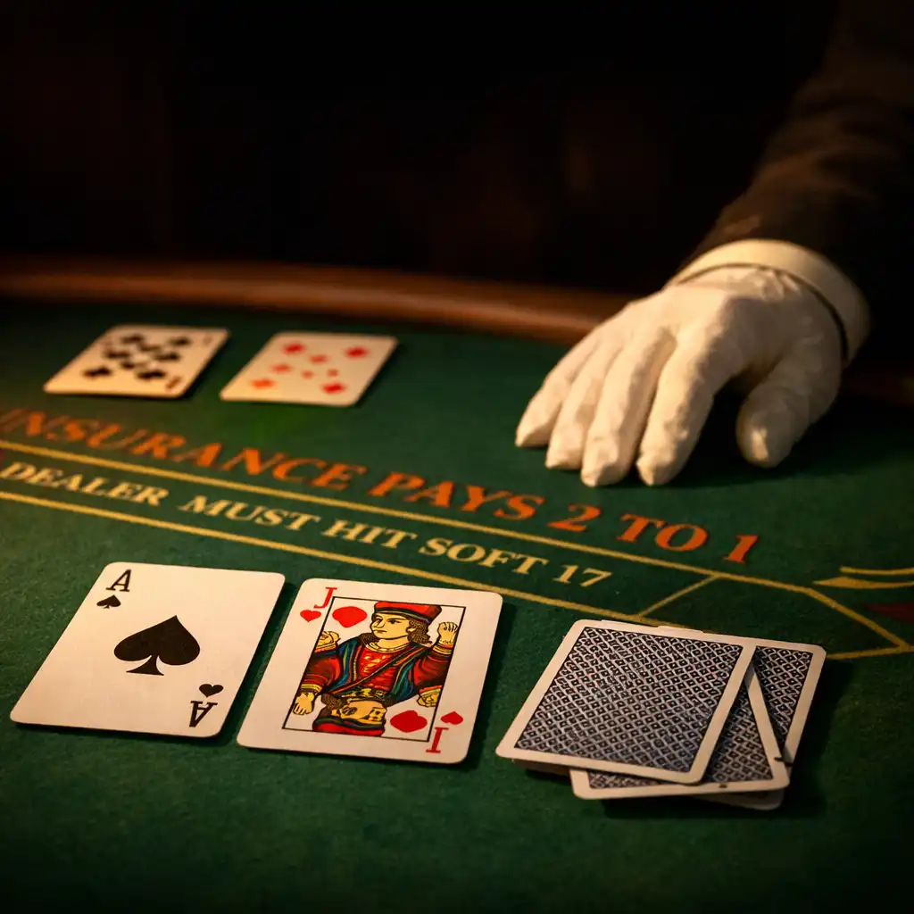 Detal stołu do blackjacka z kartami i dłonią krupiera w białej rękawiczce