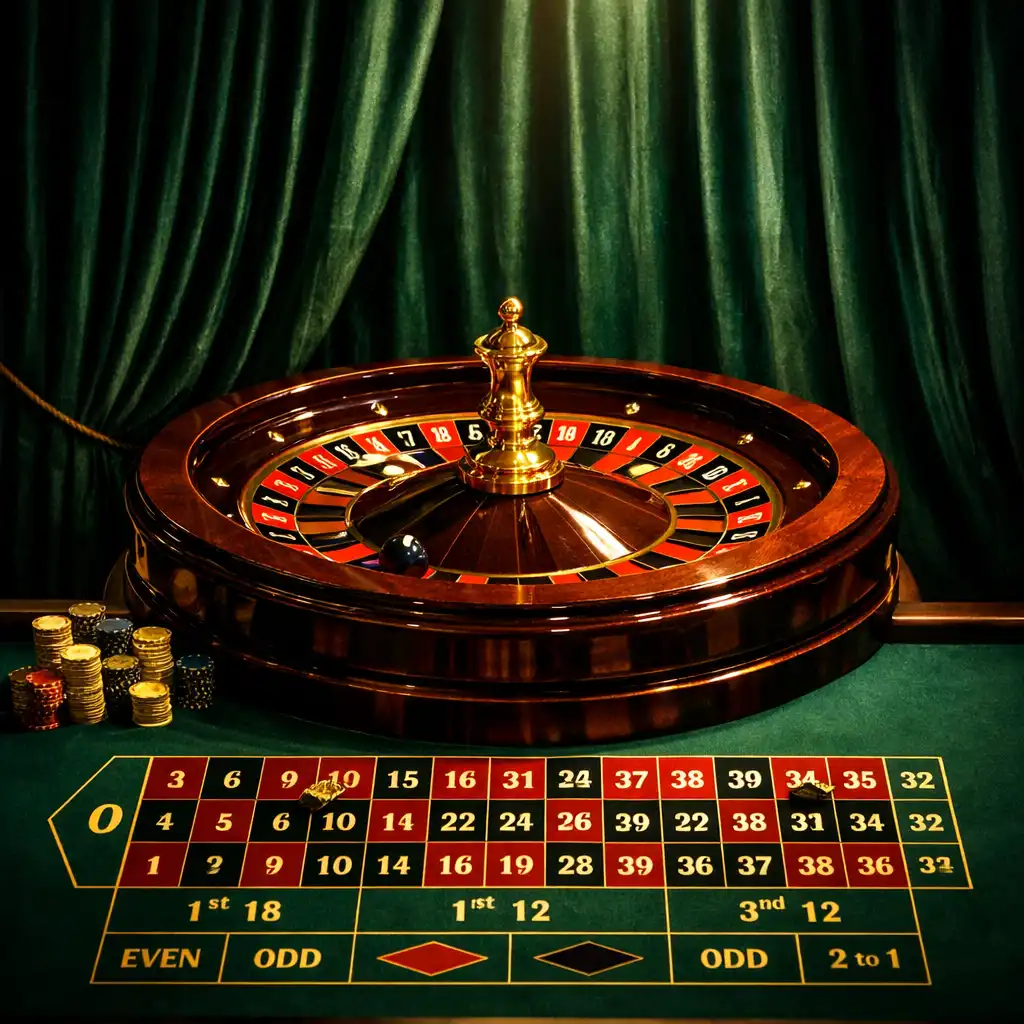 Stół do ruletki z widokiem na koło i aksamitną kurtyną w tle