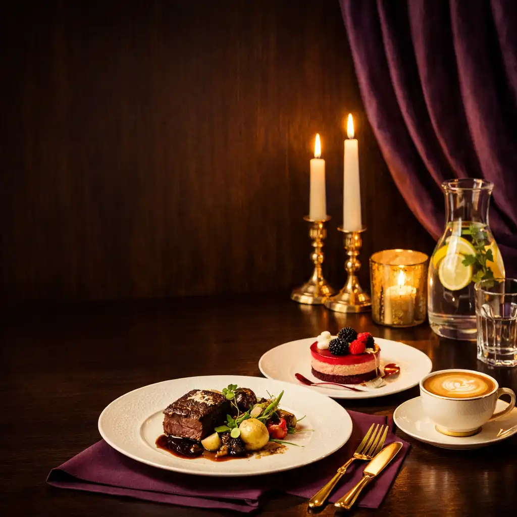 Elegancki stół nakryty do kolacji degustacyjnej z kawą, deserem i karafką wody